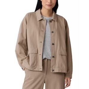 Eileen Fisher Women Tan Twill Garment-Dyed Organic Cotton Utility Jacket Size S
